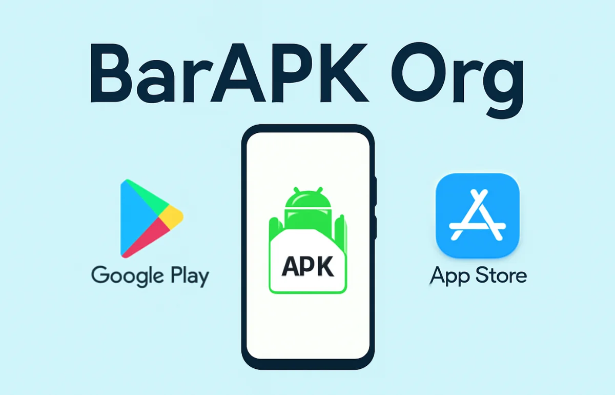 BarAPK Org promotional graphic featuring a smartphone displaying an APK file, with icons of Google Play and Apple App Store to highlight third-party app alternatives.