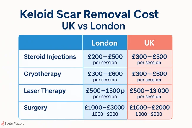 Keloid Scar Removal London – Cost comparison of steroid injections, cryotherapy, laser therapy, surgery, and radiotherapy in London and the UK
