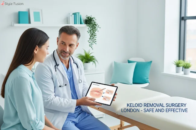A professional doctor explains the Keloid Scar Removal London procedure to a patient using a digital tablet.
