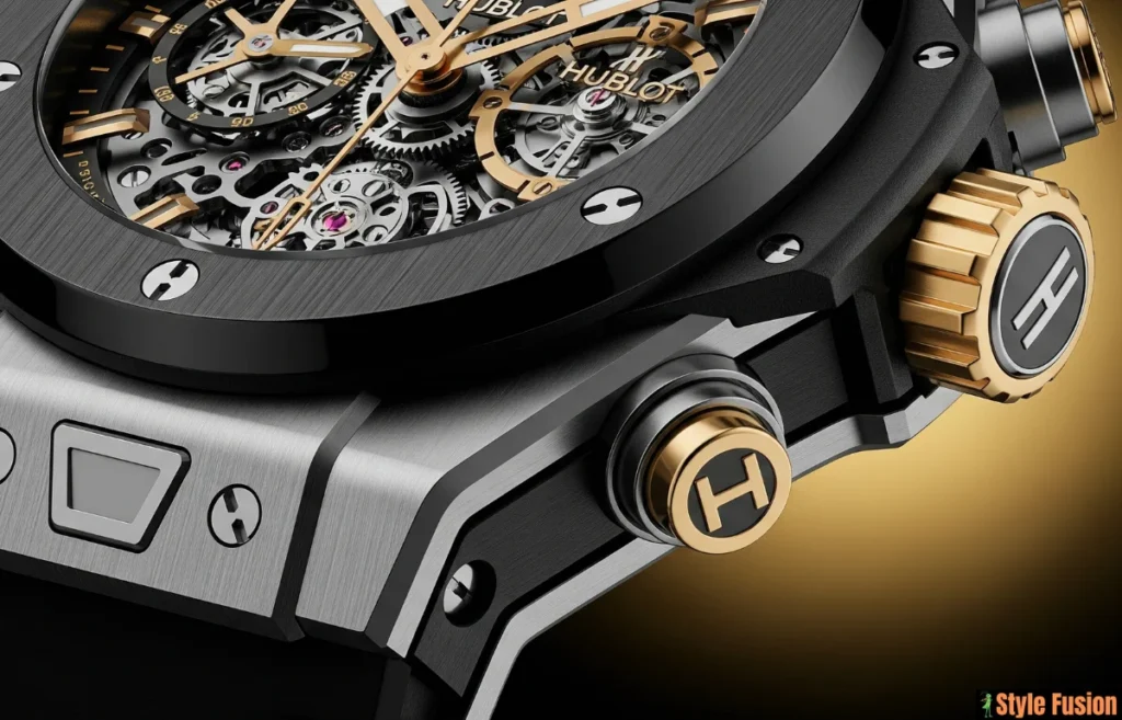 A close-up of a luxurious Hublot watches with a visible skeleton dial and gold accents.