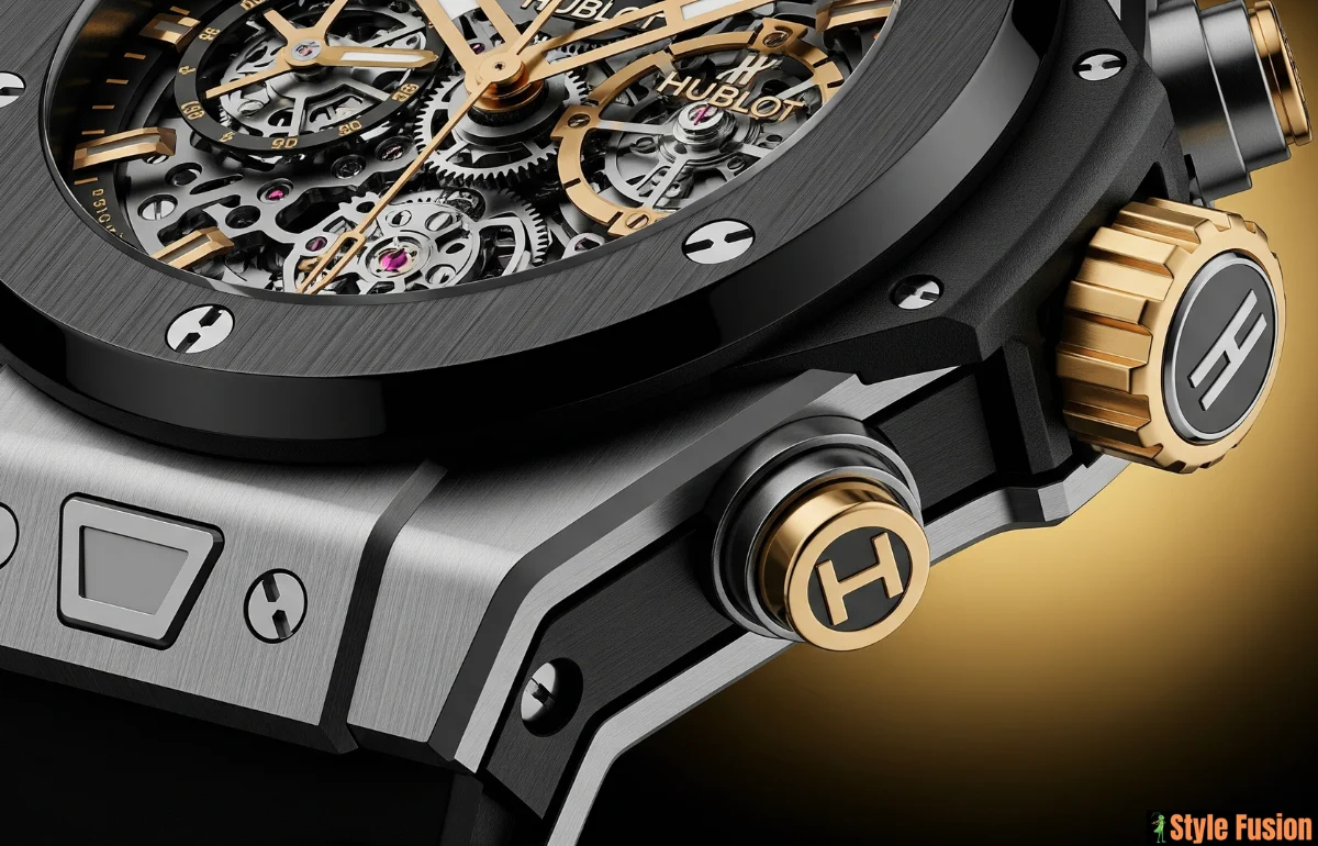 A close-up of a luxurious Hublot watches with a visible skeleton dial and gold accents.