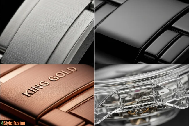 A collage showing macro close-ups of Hublot watches materials: brushed titanium, polished ceramic, King Gold, and a transparent sapphire case.