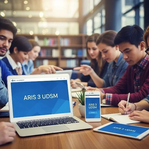 Students interacting with various digital devices, including a laptop and smartphone displaying the 'ARIS 3 UDSM' interface, in a modern university study environment.