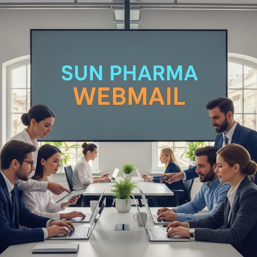 Sun Pharma Webmail: A modern office scene with professionals collaborating on laptops and tablets, emphasizing digital communication.