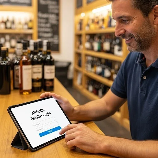 Liquor shop owner using APSBCL Retailer Login on a tablet to manage business operations.