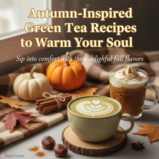 Autumn-inspired green tea recipes with cozy green tea cups, pumpkins, chestnuts, and autumn leaves.