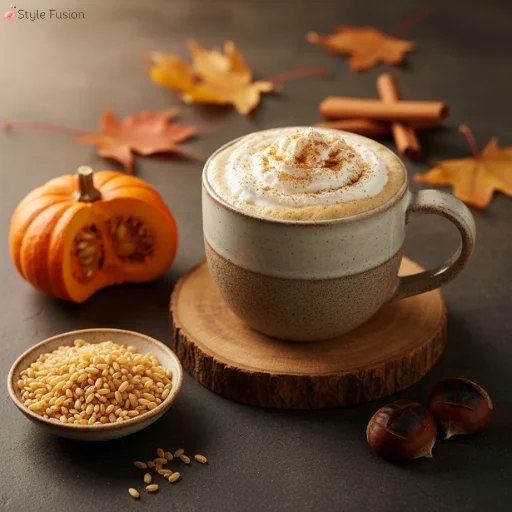 Warm Genmaicha Pumpkin Latte with whipped cream and cinnamon, alongside genmaicha grains and autumn decor, perfect for fall green tea recipes.