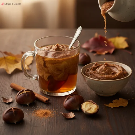 Autumn-inspired green tea blend with chestnut purée, cinnamon sticks, roasted chestnuts, and brown sugar.