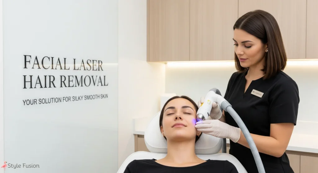 A professional laser hair removal specialist performing facial laser hair removal on a relaxed, smiling client in a modern clinic setting.