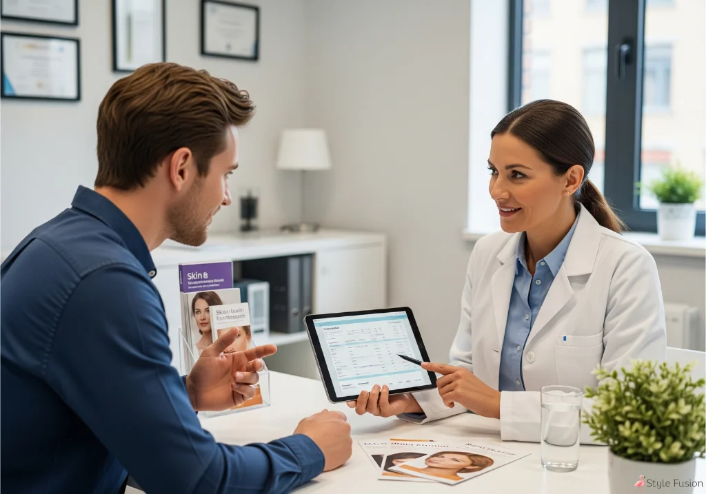 A practitioner consults with a client about a facial laser hair removal treatment plan in a clinic.