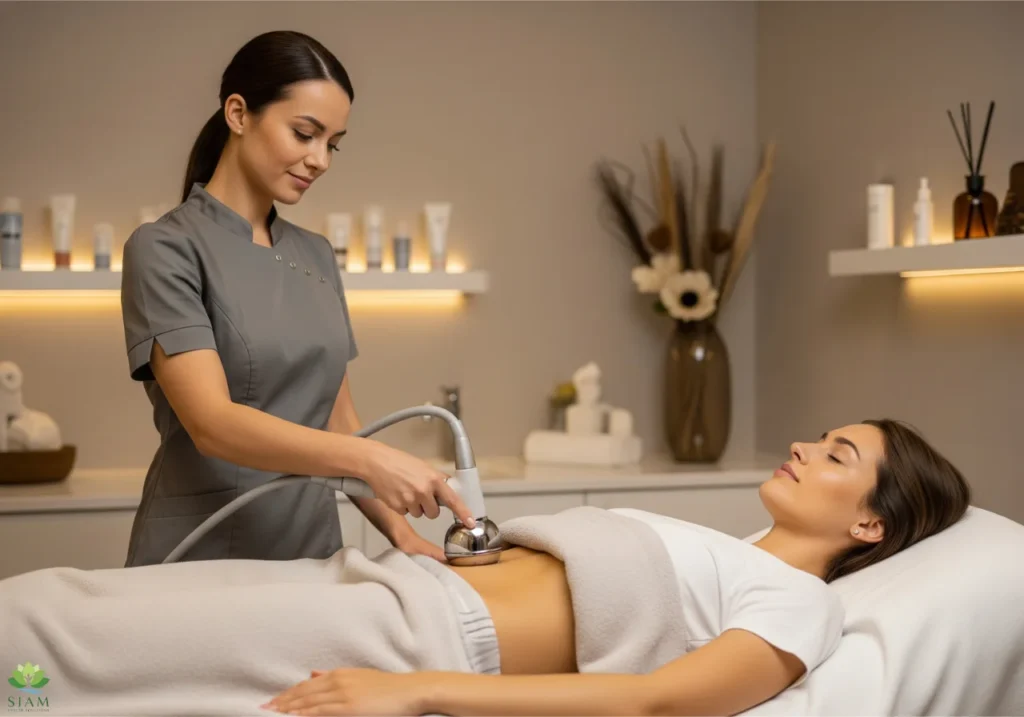A woman relaxing during a professional Cavitation Therapy session, as a practitioner gently uses a device on her abdomen.