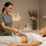 A woman relaxing during a professional Cavitation Therapy session, as a practitioner gently uses a device on her abdomen.